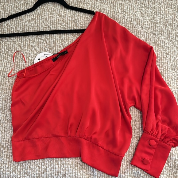 Red silky one shoulder top with exaggerated sleeve - Picture 2 of 3